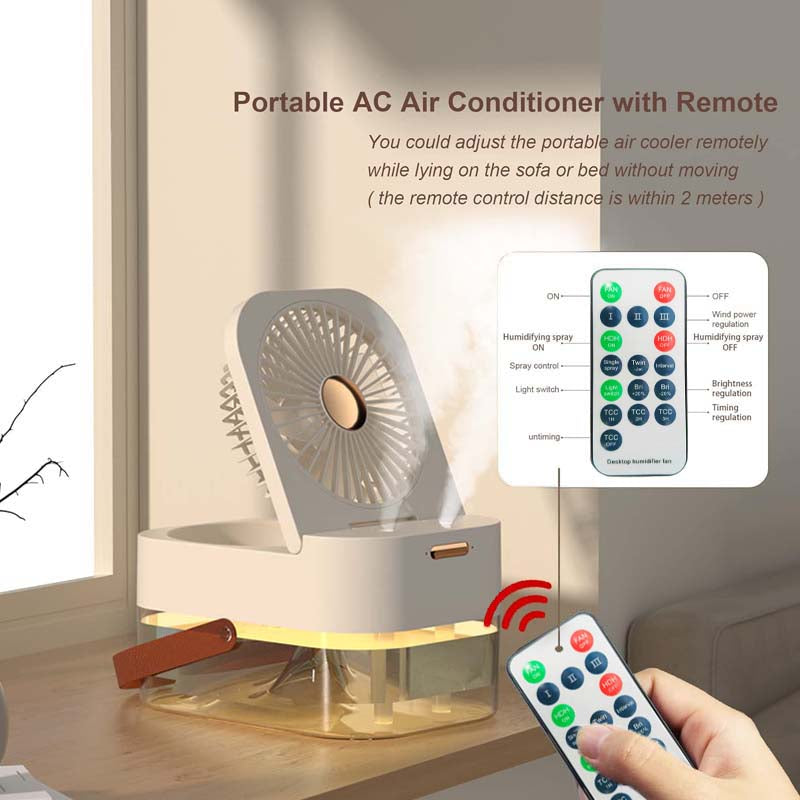 3-in-1 Portable Mini Air Cooler Fan with Humidifier & Night Light - USB Rechargeable Ice Cooling Fan, 3 Speeds, Remote Control, Water Mist Spray for Desk, Home, Office, Outdoor