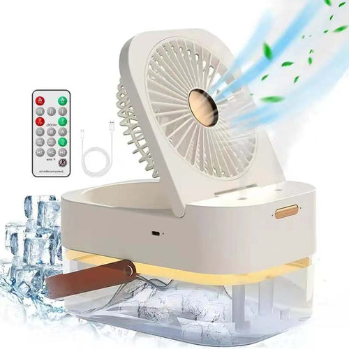 3-in-1 Portable Mini Air Cooler Fan with Humidifier & Night Light - USB Rechargeable Ice Cooling Fan, 3 Speeds, Remote Control, Water Mist Spray for Desk, Home, Office, Outdoor