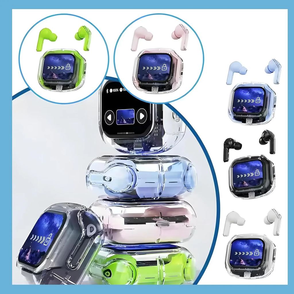 Airmax Transparent Wireless Earbuds with Smart Touch Screen Case - Bluetooth 5.3, ENC Noise Cancelling, LED Display, 30H Playtime | TWS Earbuds for iPhone & Android