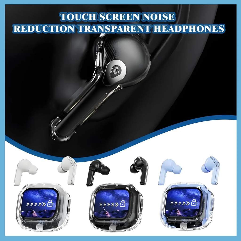 Airmax Transparent Wireless Earbuds with Smart Touch Screen Case - Bluetooth 5.3, ENC Noise Cancelling, LED Display, 30H Playtime | TWS Earbuds for iPhone & Android
