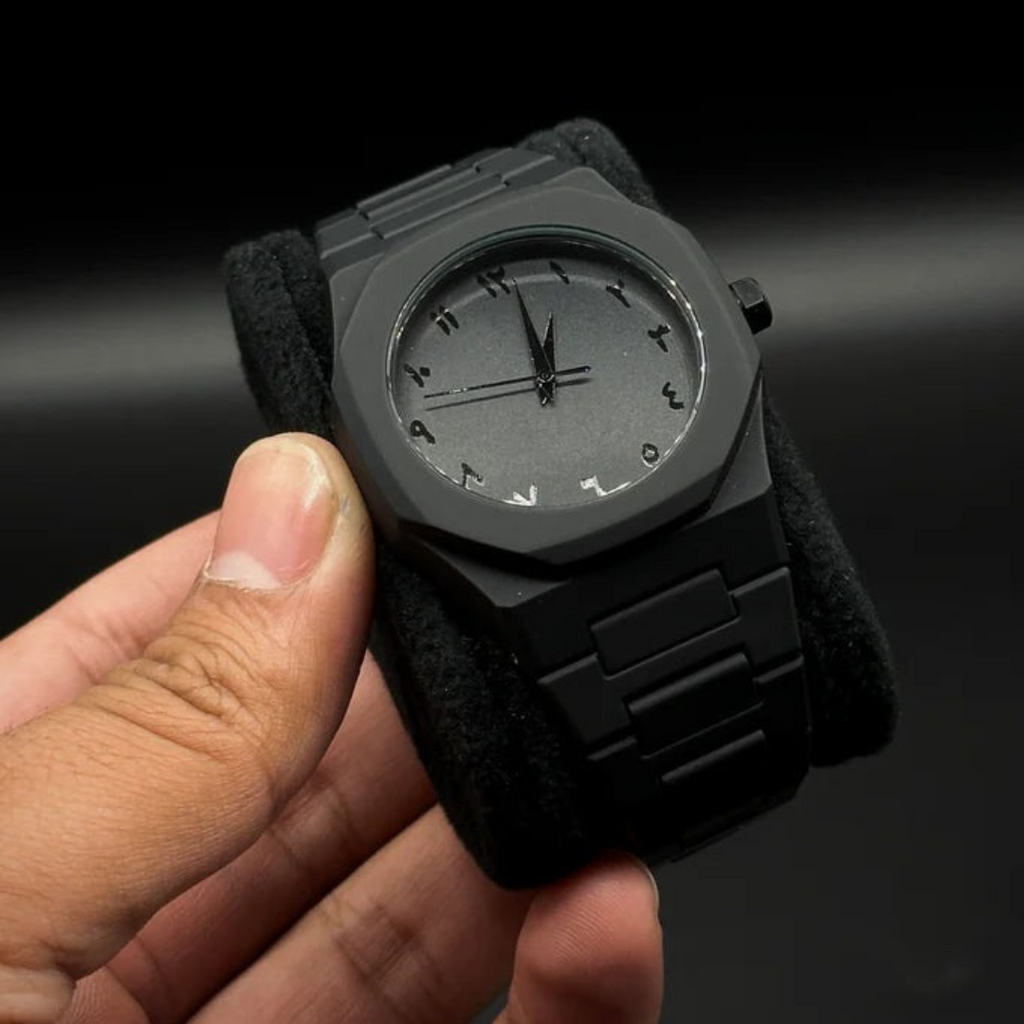Arabic Aura Watch Full Black - Premium Matte Arabic Numeral Watch | Men's Luxury Quartz Wristwatch | Islamic Arabic Dial | Stylish Blackout Stainless Steel Bracelet