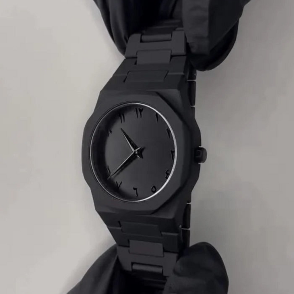 Arabic Aura Watch Full Black - Premium Matte Arabic Numeral Watch | Men's Luxury Quartz Wristwatch | Islamic Arabic Dial | Stylish Blackout Stainless Steel Bracelet