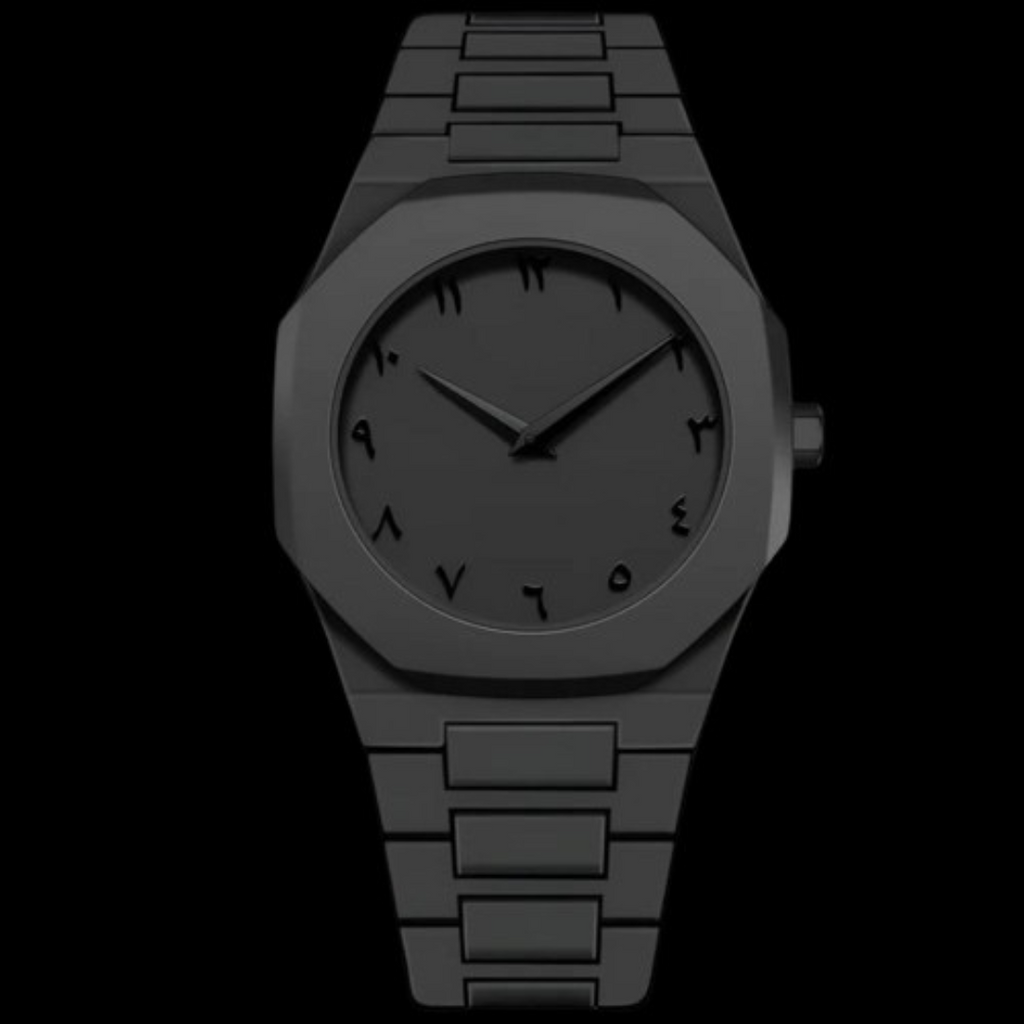Arabic Aura Watch Full Black - Premium Matte Arabic Numeral Watch | Men's Luxury Quartz Wristwatch | Islamic Arabic Dial | Stylish Blackout Stainless Steel Bracelet