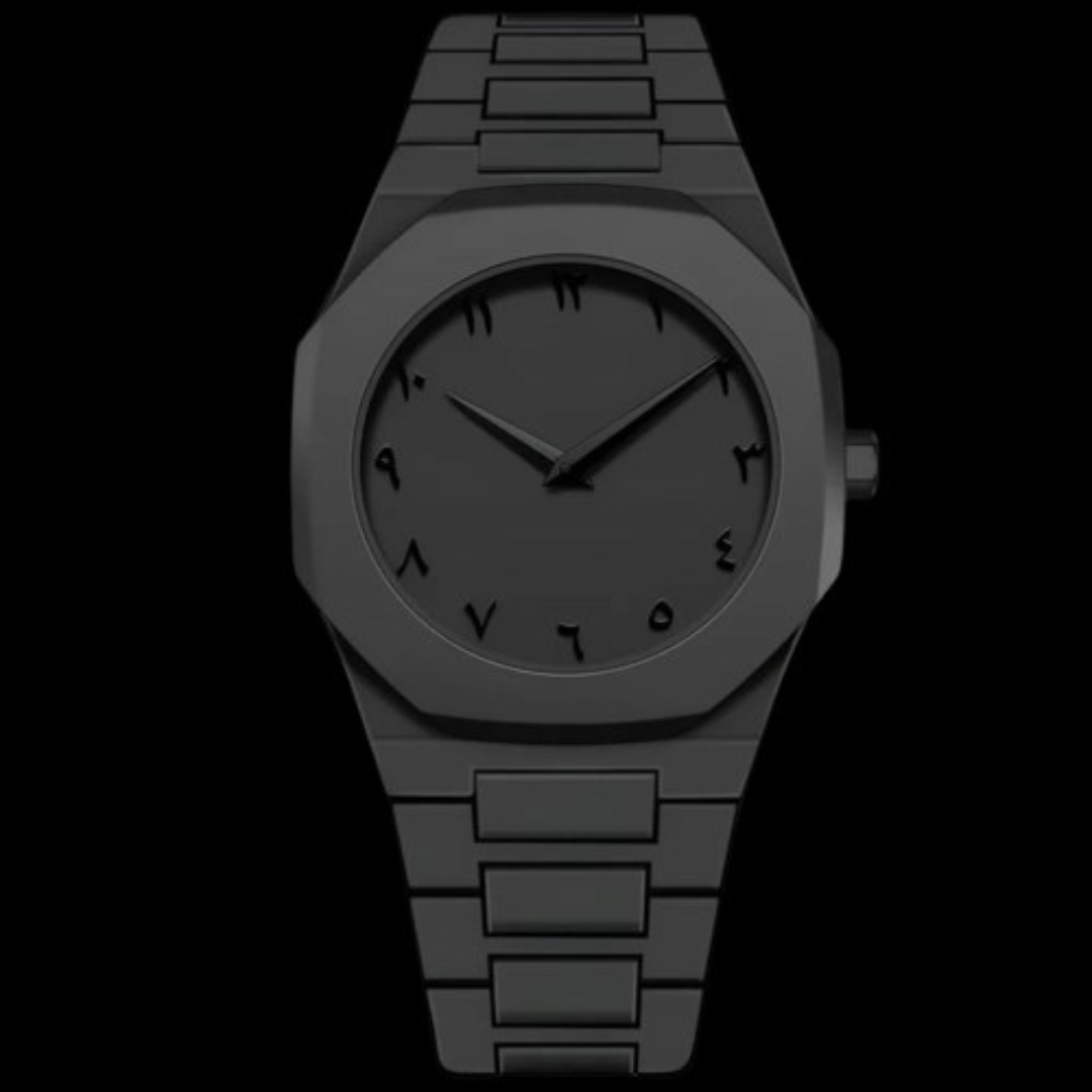 Arabic Aura Watch Full Black - Premium Matte Arabic Numeral Watch | Men's Luxury Quartz Wristwatch | Islamic Arabic Dial | Stylish Blackout Stainless Steel Bracelet