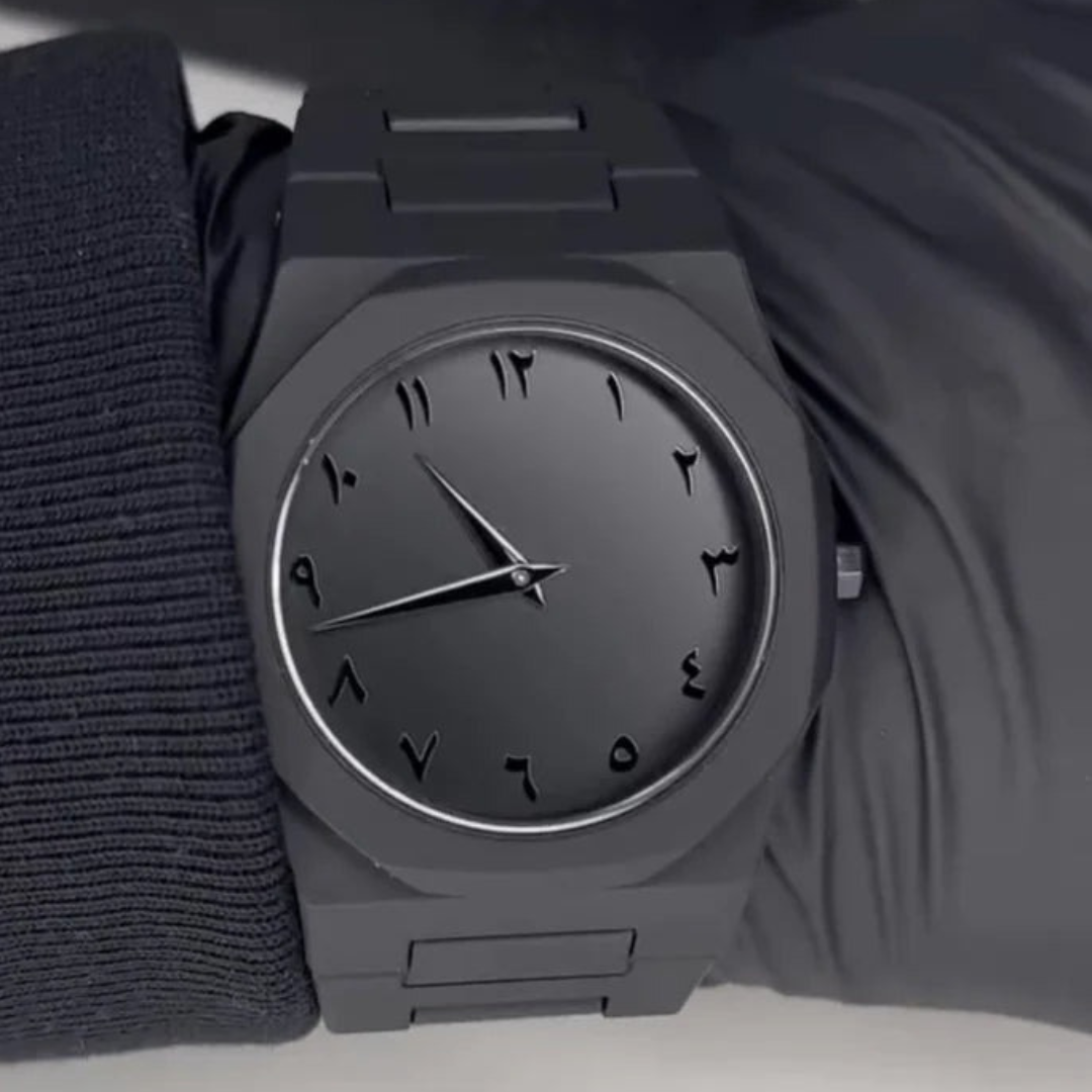 Arabic Aura Watch Full Black - Premium Matte Arabic Numeral Watch | Men's Luxury Quartz Wristwatch | Islamic Arabic Dial | Stylish Blackout Stainless Steel Bracelet