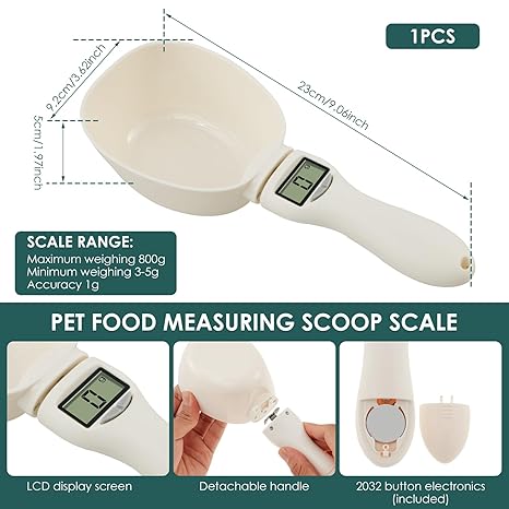 Digital Pet Food Measuring Scoop Scale - 800g LCD Display Measuring Spoon | Detachable Handle Dog Food Scale | Accurate 1g Kitchen Spoon Scale for Pets, Flour, Grains, Coffee