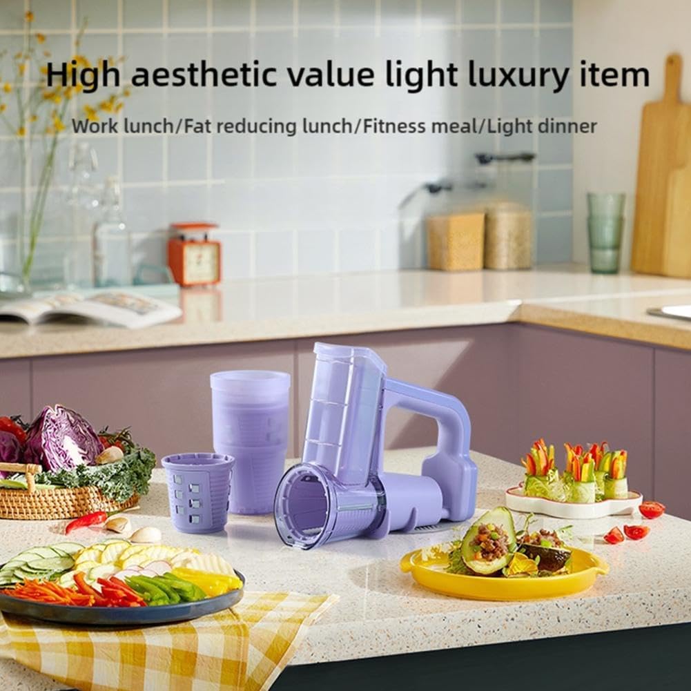 Multifunctional Electric Vegetable Chopper - 6-in-1 Salad Maker & Drum Slicer | Purple Handheld Electric Grater | for Work Lunch, Fitness Meal, Fruits, Cheese, Potatoes