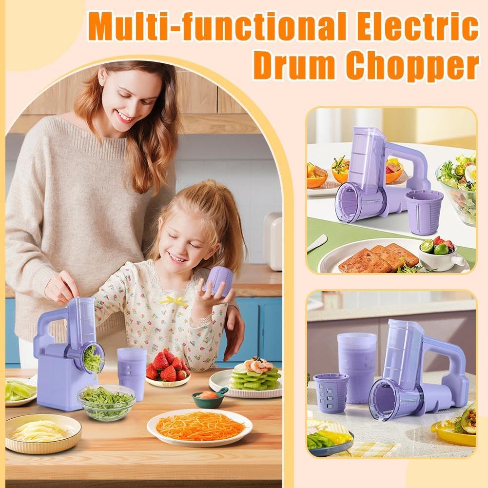 Multifunctional Electric Vegetable Chopper - 6-in-1 Salad Maker & Drum Slicer | Purple Handheld Electric Grater | for Work Lunch, Fitness Meal, Fruits, Cheese, Potatoes