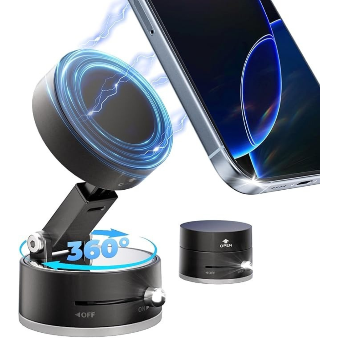 360° Rotatable Vacuum Magnetic Car Phone Mount - Foldable Dashboard Holder for iPhone & Android | Strong Suction, One-Touch Lock, MagSafe Compatible