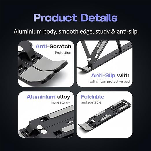 Adjustable Aluminum Laptop Stand - Foldable Ergonomic Riser with Anti-Slip Grips | 10KG Capacity, Heat Dissipation, Portable with Carry Bag | for MacBook, Laptops 10-17"