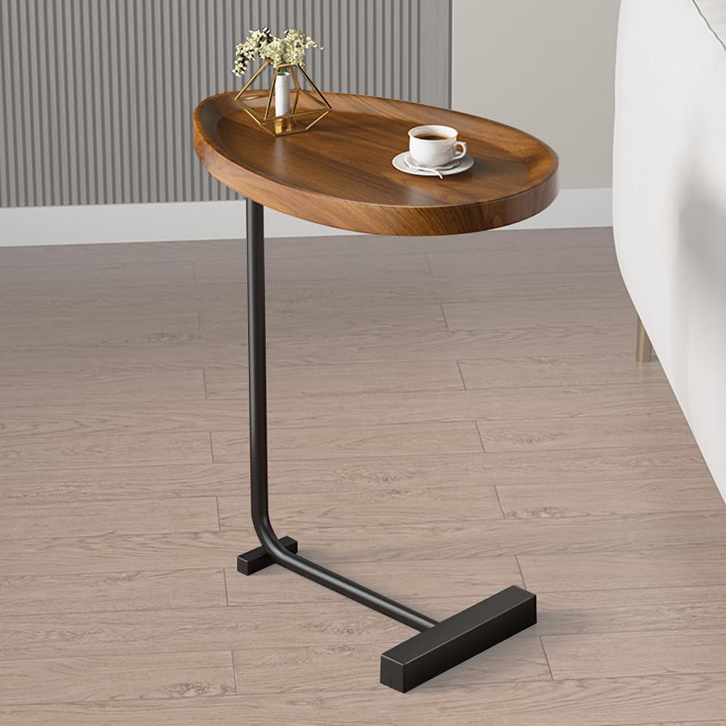 Modern C-Shaped Side Table - Wooden Oval Coffee Table with Metal Base | Sofa Side End Table for Living Room, Bedroom | Space Saving Slide Under Couch Table