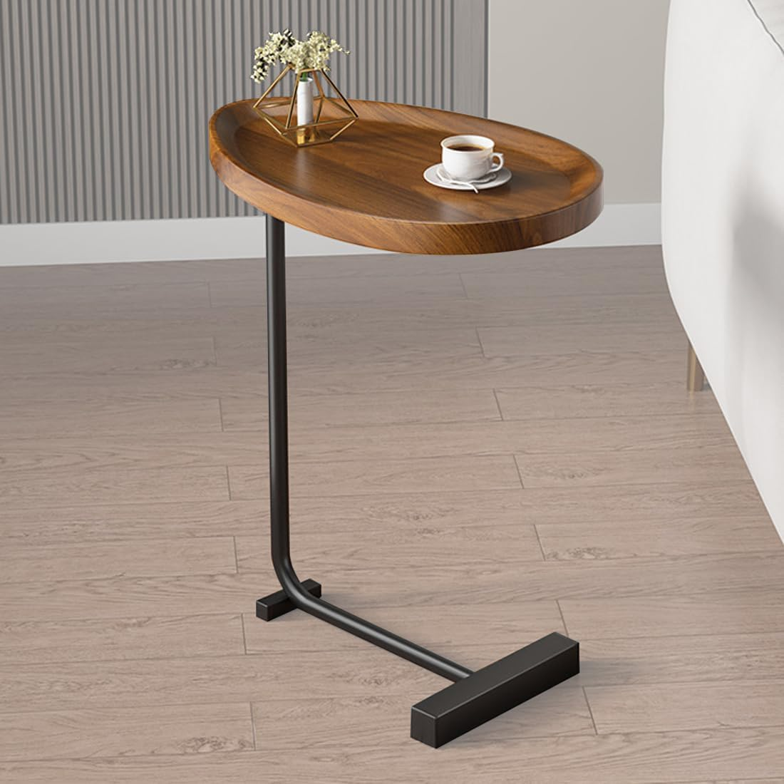 Modern C-Shaped Side Table - Wooden Oval Coffee Table with Metal Base | Sofa Side End Table for Living Room, Bedroom | Space Saving Slide Under Couch Table