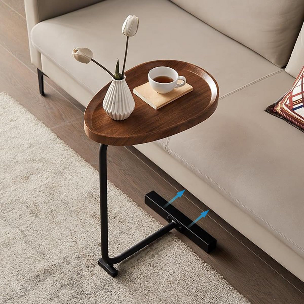 Modern C-Shaped Side Table - Wooden Oval Coffee Table with Metal Base | Sofa Side End Table for Living Room, Bedroom | Space Saving Slide Under Couch Table