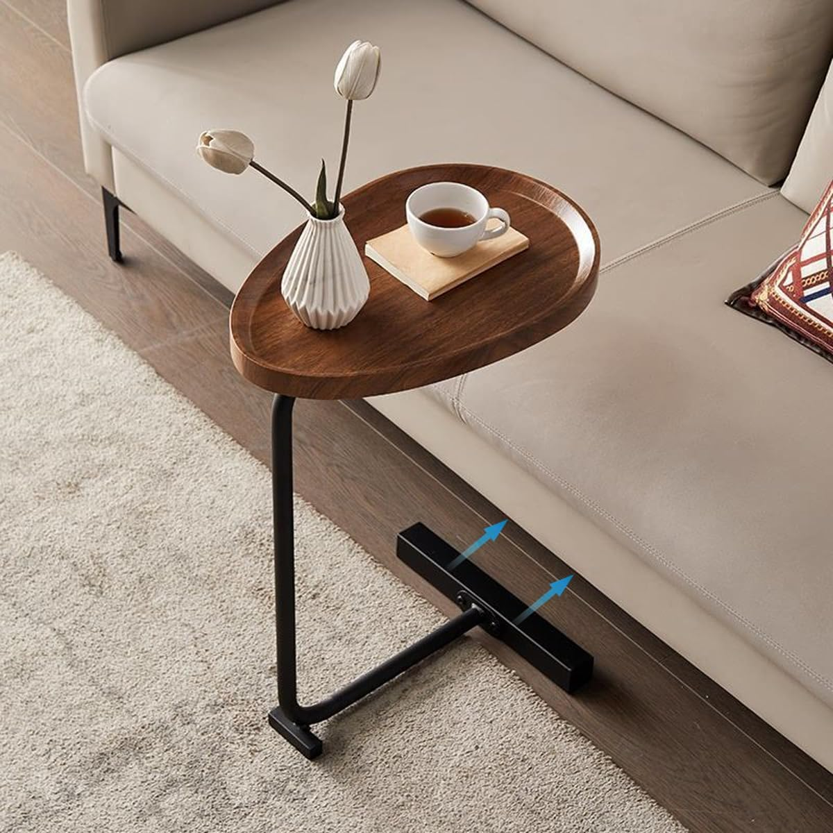 Modern C-Shaped Side Table - Wooden Oval Coffee Table with Metal Base | Sofa Side End Table for Living Room, Bedroom | Space Saving Slide Under Couch Table
