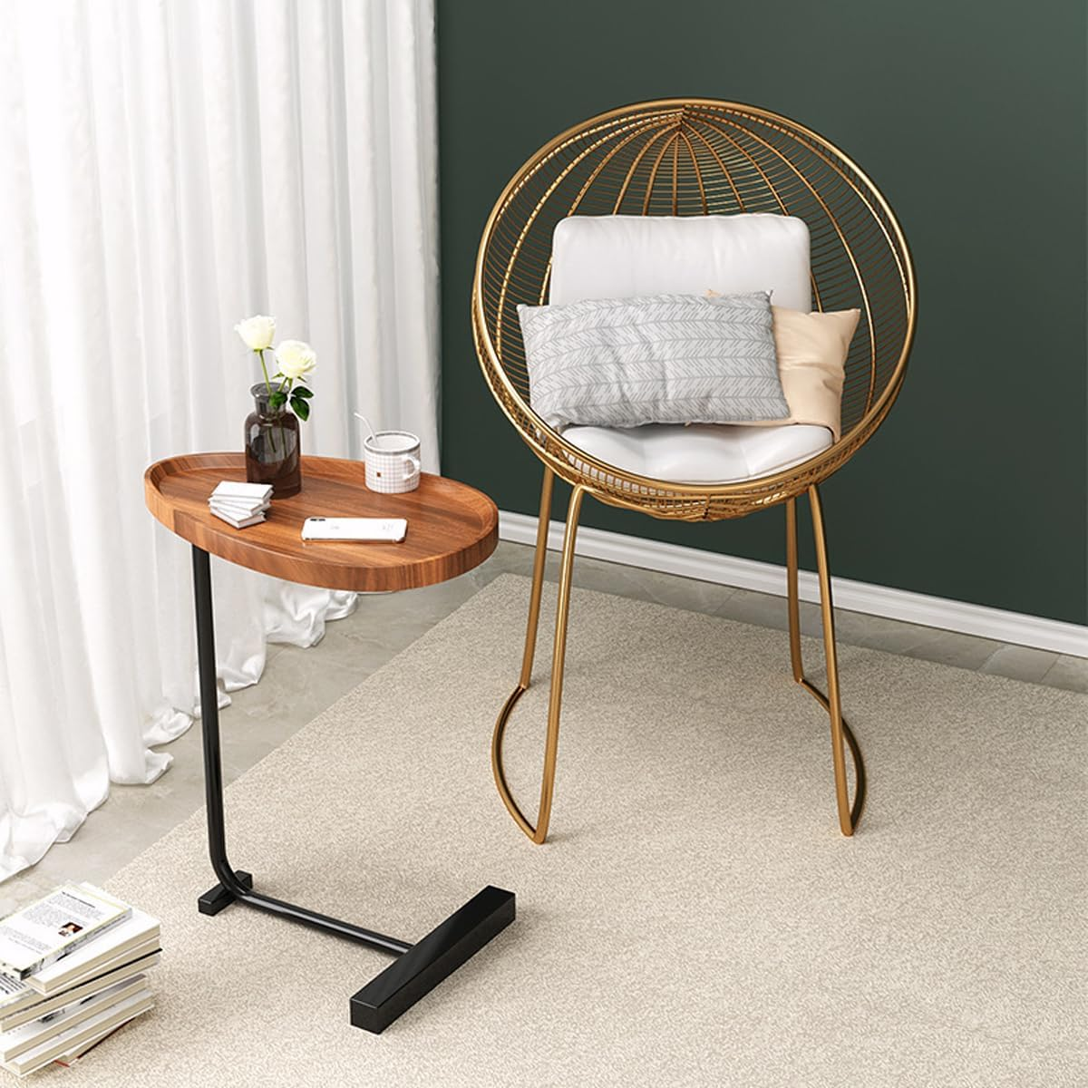 Modern C-Shaped Side Table - Wooden Oval Coffee Table with Metal Base | Sofa Side End Table for Living Room, Bedroom | Space Saving Slide Under Couch Table