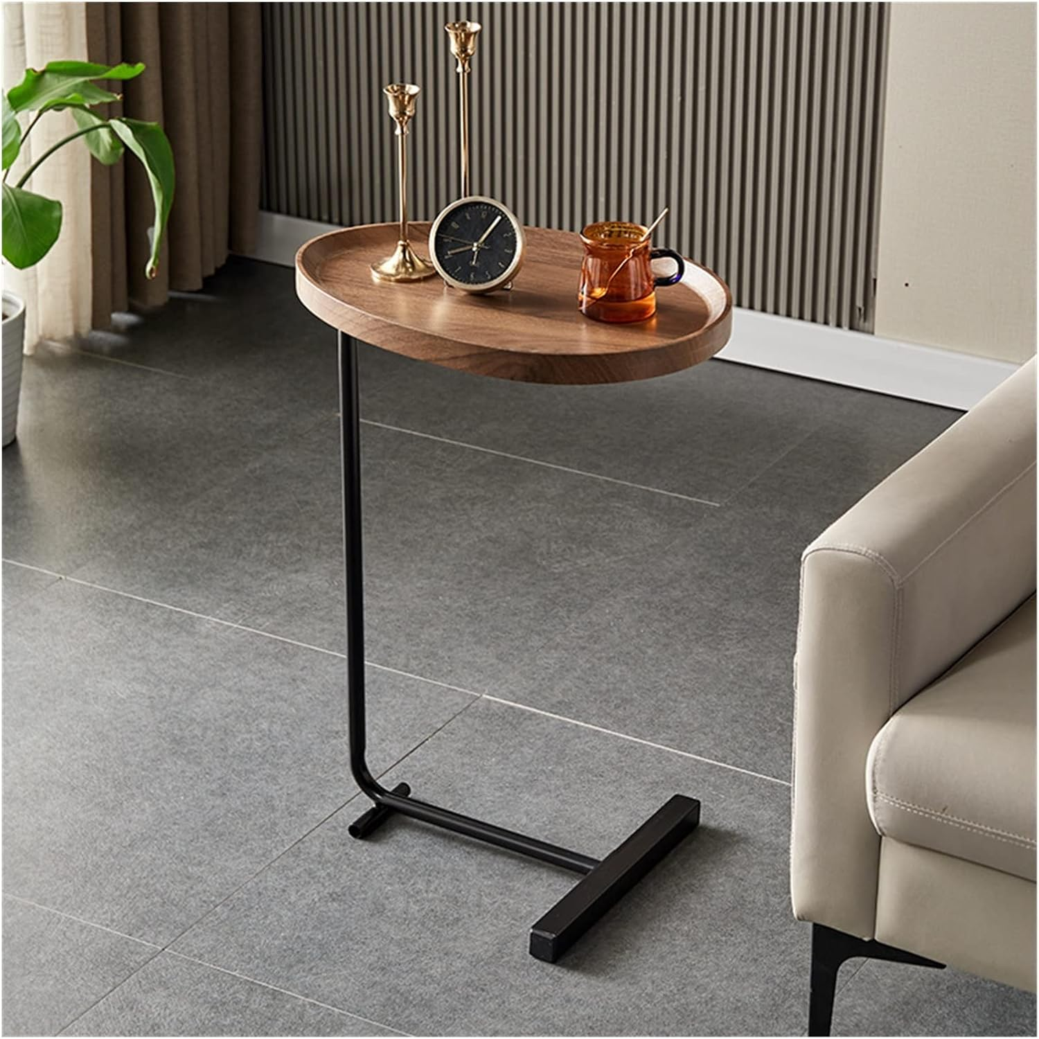 Modern C-Shaped Side Table - Wooden Oval Coffee Table with Metal Base | Sofa Side End Table for Living Room, Bedroom | Space Saving Slide Under Couch Table