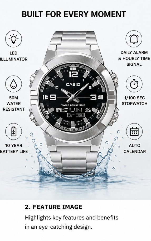 Casio Men's Stainless Steel Sports Watch - 10 Year Battery, 50M Water Resistant, LED Illuminator, Stopwatch, Daily Alarm | Analog Digital Combo